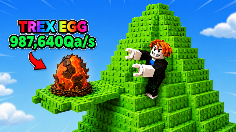 Roblox avatar reaching a molten T-Rex Egg on a green brick pyramid in Jump To Steal An Egg