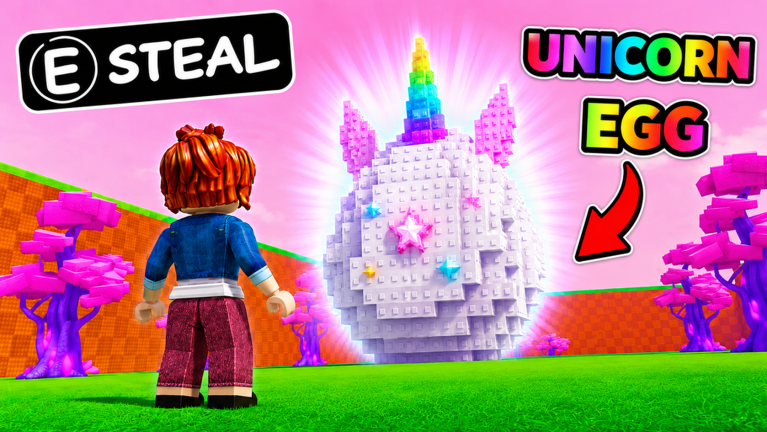 Player facing a glowing Unicorn Egg with the Steal prompt in Jump To Steal An Egg